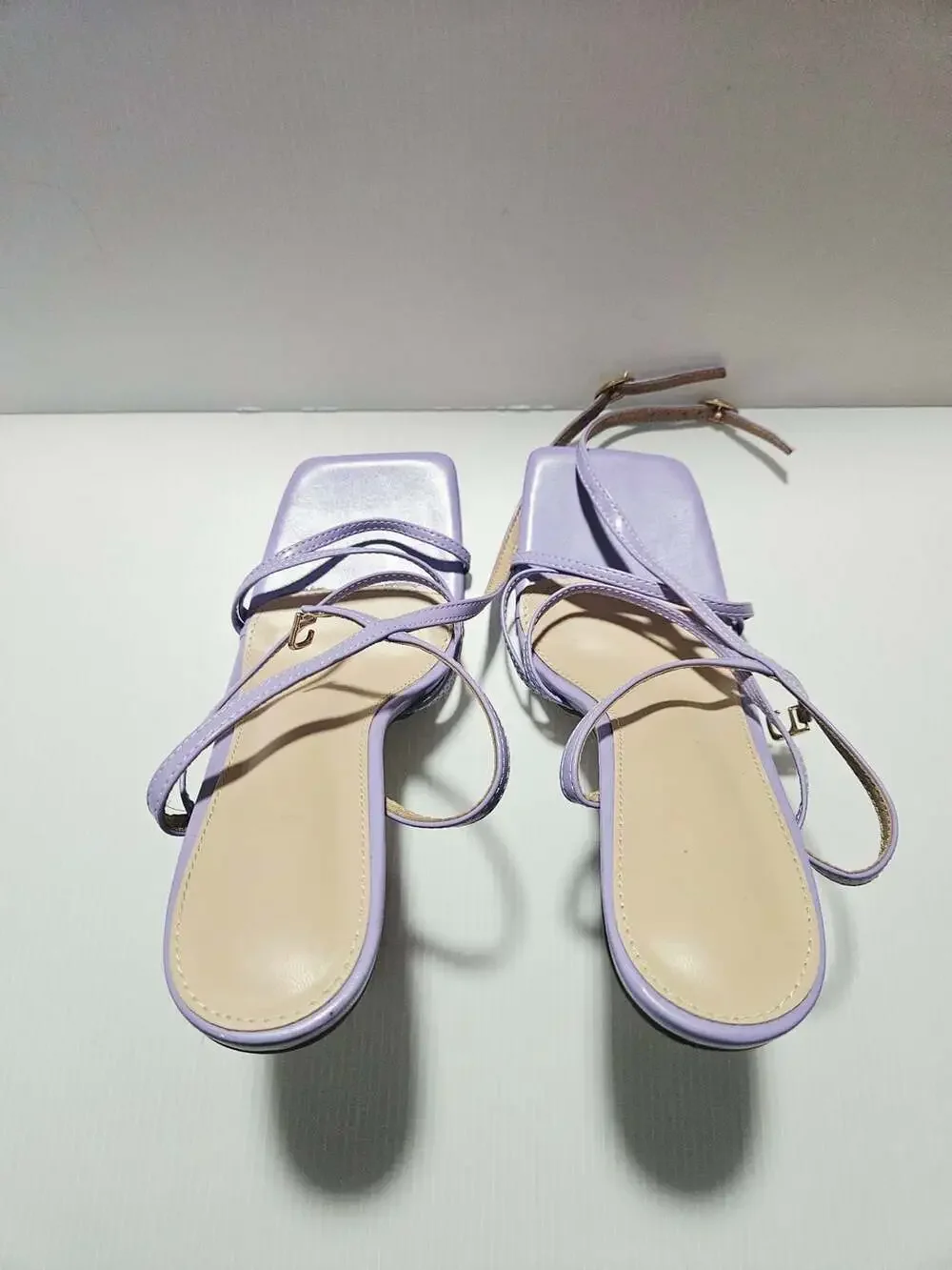 Purple Strappy Square Toe Size 10 Sandals with Sculptural Clear Heel